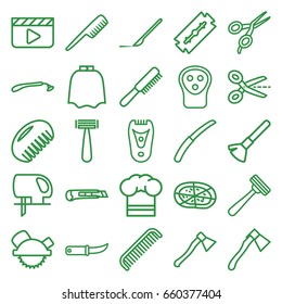 Cut icons set. set of 25 cut outline icons such as comb, razor, barber scissors, shaving brush, hairdresser peignoir, electric razor, saw blade, electric saw, pizza