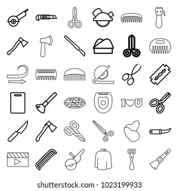 Cut icons. set of 36 editable outline cut icons such as razor, comb, shaving brush, manicure scissors, cutting board, saw blade, electric saw, cutter, gardening knife, axe