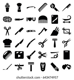 Cut icons set. set of 36 cut filled icons such as comb, barber scissors, razor, electric razor, shaving brush, curly hair, straight hair, cutting board, saw, electric saw