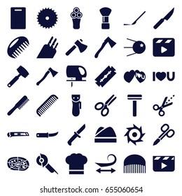 Cut icons set. set of 36 cut filled icons such as comb, razor, electric razor, manicure scissors, shaving brush, curly hair, cutting board, blade saw, axe, electric saw, pizza