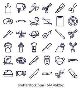 Cut icons set. set of 36 cut outline icons such as barber scissors, comb, electric razor, razor, shaving brush, curly hair, manicure scissors, cutting board, cutter