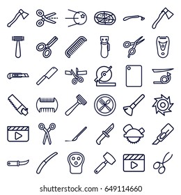 Cut icons set. set of 36 cut outline icons such as barber scissors, comb, razor, electric razor, shaving brush, straight hair, manicure scissors, cutter, circular saw