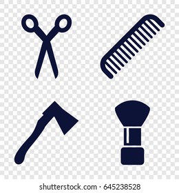 Cut icons set. set of 4 cut filled icons such as barber scissors, comb, shaving brush