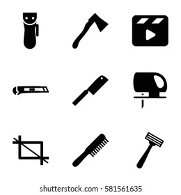 cut icons set. Set of 9 cut filled icons such as comb, electric razor, razor, electric saw, axe, movie clapper, cutter, crop
