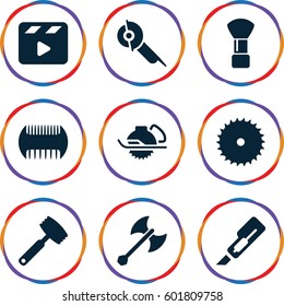 cut icons set. Set of 9 cut filled icons such as comb, shaving brush, blade saw, cutter, electric saw, movie clapper, knife