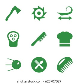 Cut icons set. set of 9 cut filled icons such as comb, curly hair, electric razor, axe, spoon and fork, chef hat, saw