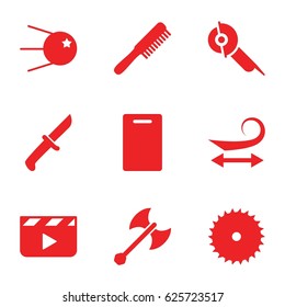 Cut icons set. set of 9 cut filled icons such as comb, curly hair, cutting board, blade saw, electric saw, axe weapon, knife, core