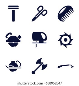 Cut icons set. set of 9 cut filled icons such as comb, razor, manicure scissors, saw blade, electric saw, axe weapon