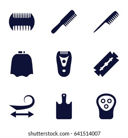 Cut icons set. set of 9 cut filled icons such as comb, razor, hairdresser peignoir, curly hair, electric razor