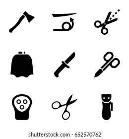 Cut icons set. set of 9 cut filled icons such as electric razor, manicure scissors, hairdresser peignoir, straight hair, scissors, axe weapon