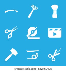 Cut icons set. set of 9 cut filled icons such as razor, barber scissors, shaving brush, straight hair, circular saw, scissors, knife