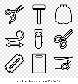Cut icons set. set of 9 cut outline icons such as razor, electric razor, barber scissors, hairdresser peignoir, curly hair, straight hair, cutting board