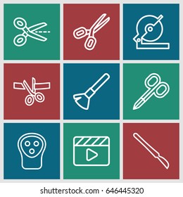 Cut icons set. set of 9 cut outline icons such as manicure scissors, shaving brush, electric razor, circular saw, movie clapper, scalpel, scissors