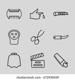 Cut icons set. set of 9 cut outline icons such as comb, hairdresser peignoir, manicure scissors, electric razor, saw, gardening knife, movie clapper, injured finger