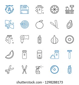 cut icons set. Collection of cut with cutter, saw, tools and utensils, shears, scissors, razor, electric razor, glue stick, melon, kiwi, fig. Editable and scalable cut icons.