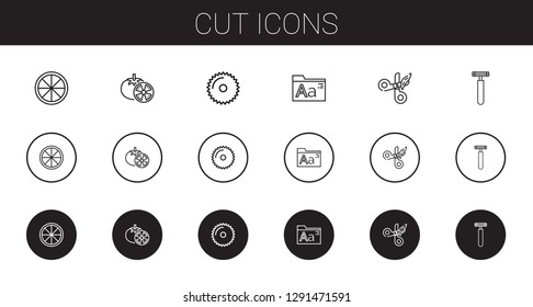 cut icons set. Collection of cut with orange, tomatoes, saw, fonts, scissors, razor. Editable and scalable cut icons.