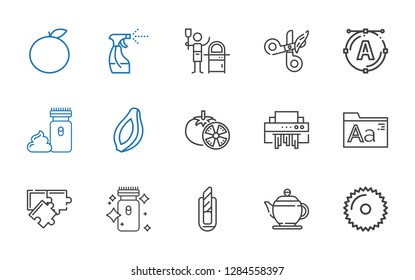 cut icons set. Collection of cut with saw, teapot, cutter, electric razor, puzzle, fonts, shredder, tomatoes, papaya, font, scissors, pizza, tools and utensils. Editable and scalable cut icons.