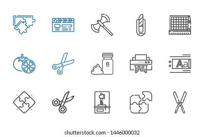cut icons set. Collection of cut with shears, puzzle, axe, scissors, text editor, shredder, electric razor, tomatoes, cutting, cutter, clapperboard. Editable and scalable cut icons.