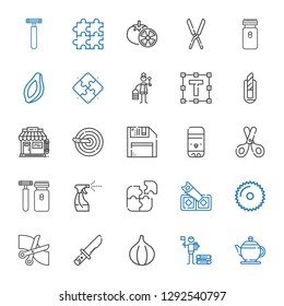 cut icons set. Collection of cut with teapot, wood, fig, knife, scissors, saw, puzzle, tools and utensils, shaver, glue stick, diskette, barbershop. Editable and scalable cut icons.