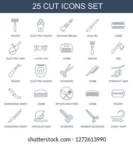 cut icons. Trendy 25 cut icons. Contain icons such as razor, electric razor, shaving brush, scalpel, comb, electric saw, I love you, axe, scissors. cut icon for web and mobile.