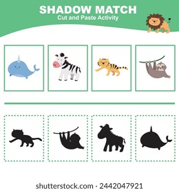 Cut the image in each box and glue it on each shadow. Find the correct shadow. Cut and paste activity for children. Printable activity page for kids. Learning Game. Vector file.