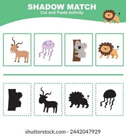 Cut the image in each box and glue it on each shadow. Find the correct shadow. Cut and paste activity for children. Printable activity page for kids. Learning Game. Vector file.