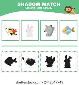 Schneiden Sie das Bild in jedem Feld aus und kleben Sie es auf jeden Schatten. Finde den richtigen Schatten. Ausschneiden und Einfügen für Kinder. Druckbare Aktivitätsseite für Kinder. Lernspiel. Vektordatei.