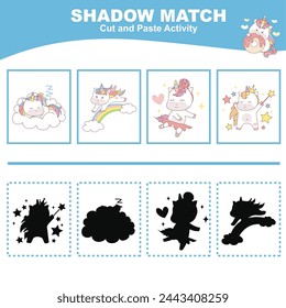 Cut the image in each box and glue it on each shadow. Find the correct shadow. Cut and paste activity for children. Printable activity page for kids. Learning Game. Vector file.