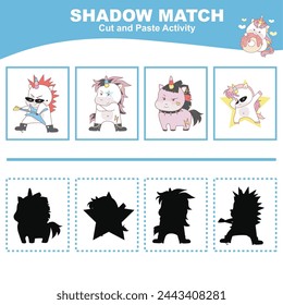 Cut the image in each box and glue it on each shadow. Find the correct shadow. Cut and paste activity for children. Printable activity page for kids. Learning Game. Vector file.