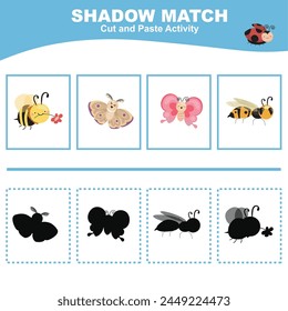 Cut the image in each box and glue it on each shadow. Find the correct shadow. Cut and paste activity for children