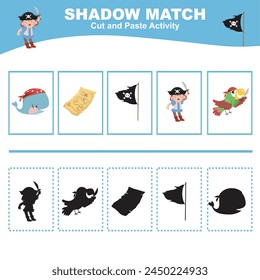 Cut the image in each box and glue it on each shadow. Find the correct shadow. Cut and paste activity for children. Printable activity page for kids. Learning Game. Vector file.