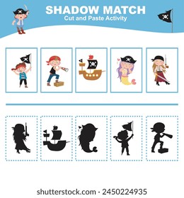 Cut the image in each box and glue it on each shadow. Find the correct shadow. Cut and paste activity for children. Printable activity page for kids. Learning Game. Vector file.