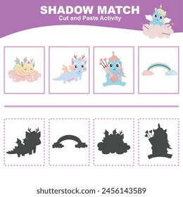 Cut the image in each box and glue it on each shadow. Find the correct shadow. Cut and paste activity for children. Printable activity page for kids. Learning Game. Vector file.