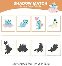 Cut the image in each box and glue it on each shadow. Find the correct shadow. Cut and paste activity for children. Printable activity page for kids. Learning Game. Vector file.
