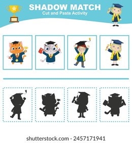 Cut the image in each box and glue it on each shadow. Find the correct shadow. Cut and paste activity for children. Printable activity page for kids. Learning Game. Vector file.