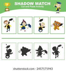 Cut the image in each box and glue it on each shadow. Find the correct shadow. Cut and paste activity for children. Printable activity page for kids. Learning Game. Vector file.