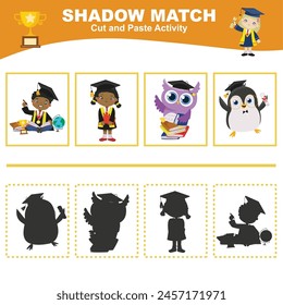 Corta la Imagen en cada caja y pégala en cada sombra. Encuentra la sombra correcta. Actividad de cortar y pegar para niños. Página de actividad imprimible para niños. Juego de aprendizaje. archivo de Vector.