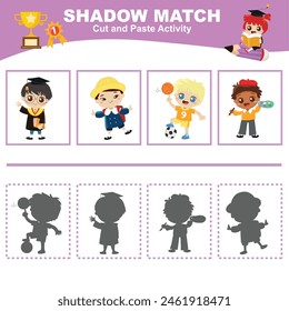 Cut the image in each box and glue it on each shadow. Find the correct shadow. Cut and paste activity for children. Printable activity page for kids. Learning Game. Vector file.