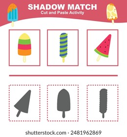 Cut the image in each box and glue it on each shadow. Find the correct shadow. Cut and paste activity for children. Printable activity page for kids. Learning Game. Vector file.