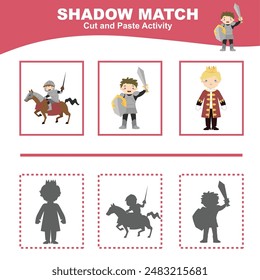 Cut the image in each box and glue it on each shadow. Find the correct shadow. Cut and paste activity for children. Printable activity page for kids. 