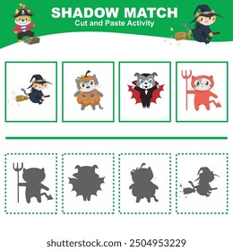 Cut the image in each box and glue it on each shadow. Find the correct shadow. Cut and paste activity for children. Printable activity page for kids. Learning Game. 