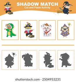 Cut the image in each box and glue it on each shadow. Find the correct shadow. Cut and paste activity for children. Printable activity page for kids. Learning Game. 