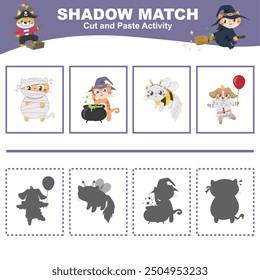 Cut the image in each box and glue it on each shadow. Find the correct shadow. Cut and paste activity for children. Printable activity page for kids. Learning Game. 
