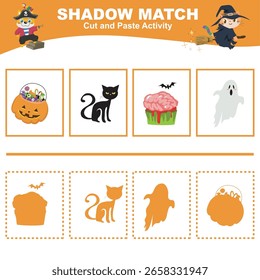 Corta la Imagen en cada caja y pégala en cada sombra. Encuentra la sombra correcta. Actividad de cortar y pegar para niños. Página de actividad imprimible para niños. 