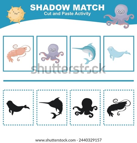 Cut the image in each box and glue it on each shadow. Find the correct shadow. Cut and paste activity for children. Printable activity page for kids. Learning Game. Vector file.