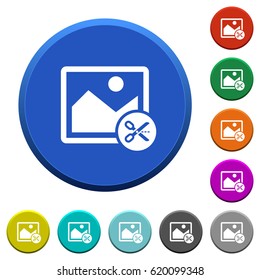 Cut image round color beveled buttons with smooth surfaces and flat white icons