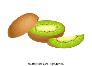 Cut Into Sections Kiwifruit or Kiwi as Edible Berry with Fibrous Brown Skin and Green Flesh Vector Illustration