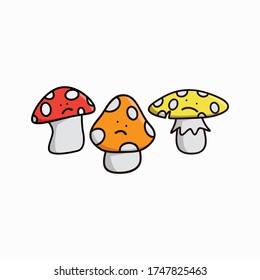 cut kawaii mushroom group with sweet sad expretion, for t shirt design and many more