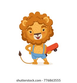 Cut kid lion cartoon character wearing shorts on suspenders and holding skateboard. Playful baby animal with lush mane. Vector illustration