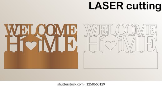 Cut laser key hanger for interior. Sign 'Welcome home' for laser cutting. Template laser cutting machine for wood and metal. The perfect gift for St. Valentine's Day or Wedding day.